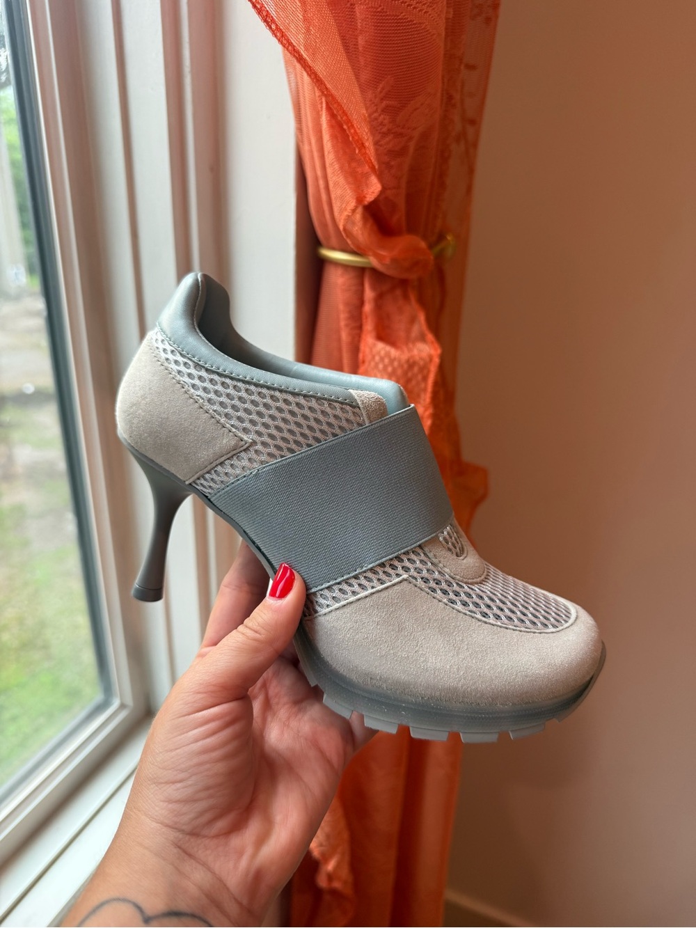Sneex Grey Suede & Mesh High-Heel Slip-On